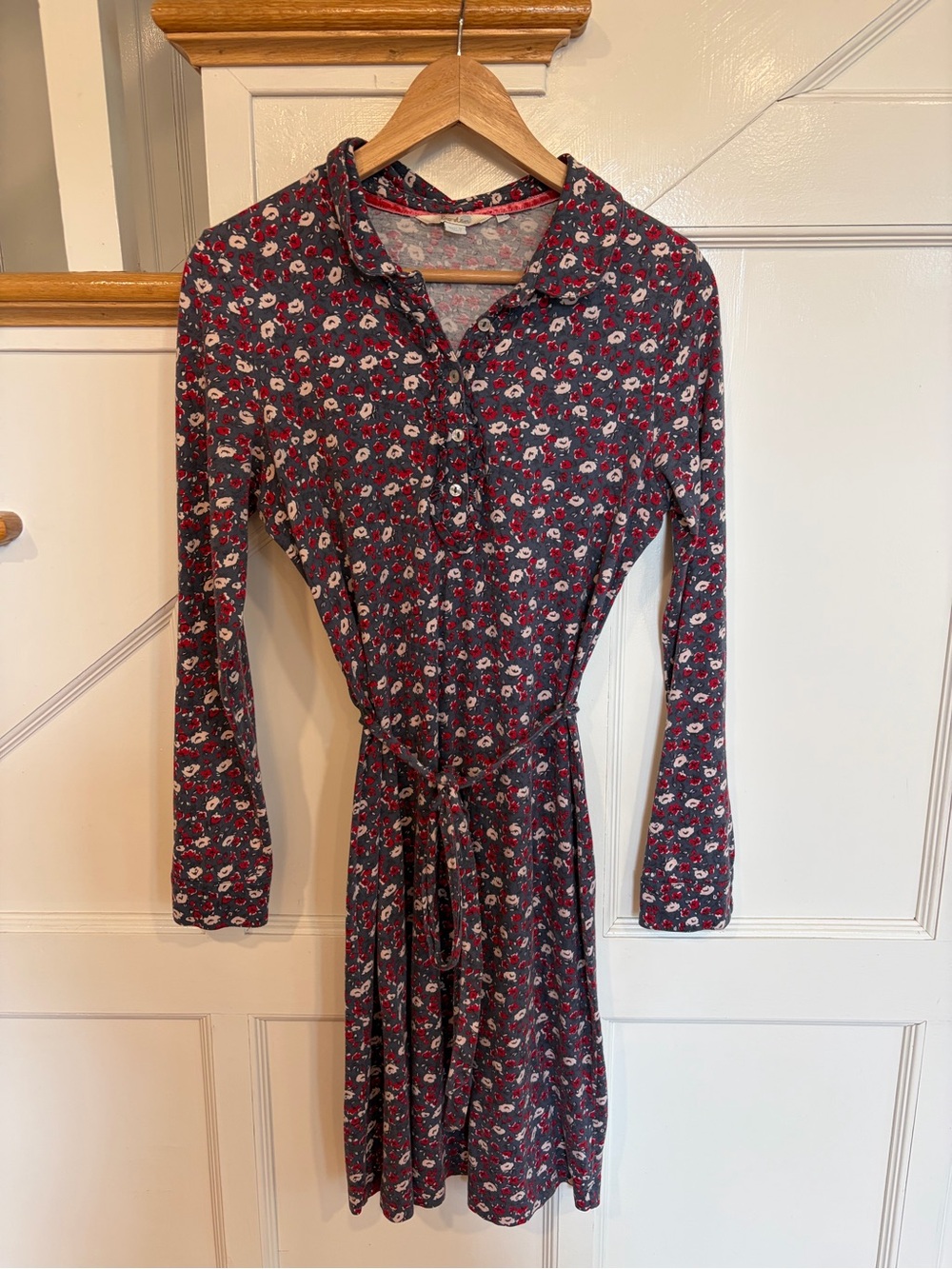 Boden Size US6 Long Sleeve Jersey Tie Waist Dress Red Grey Floral Collared